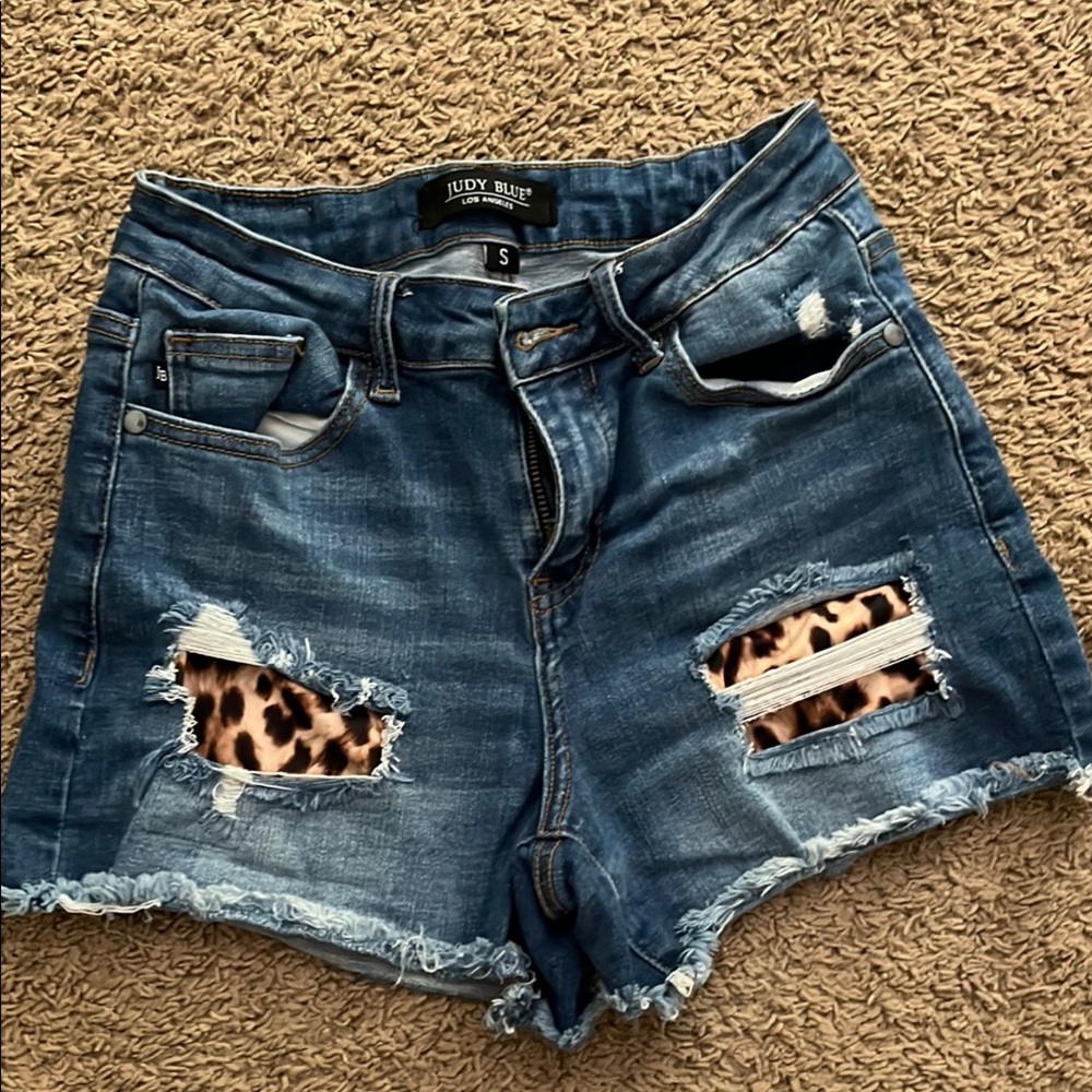 Judy Blue Blue and Brown Jean Shorts with Leopard Patches